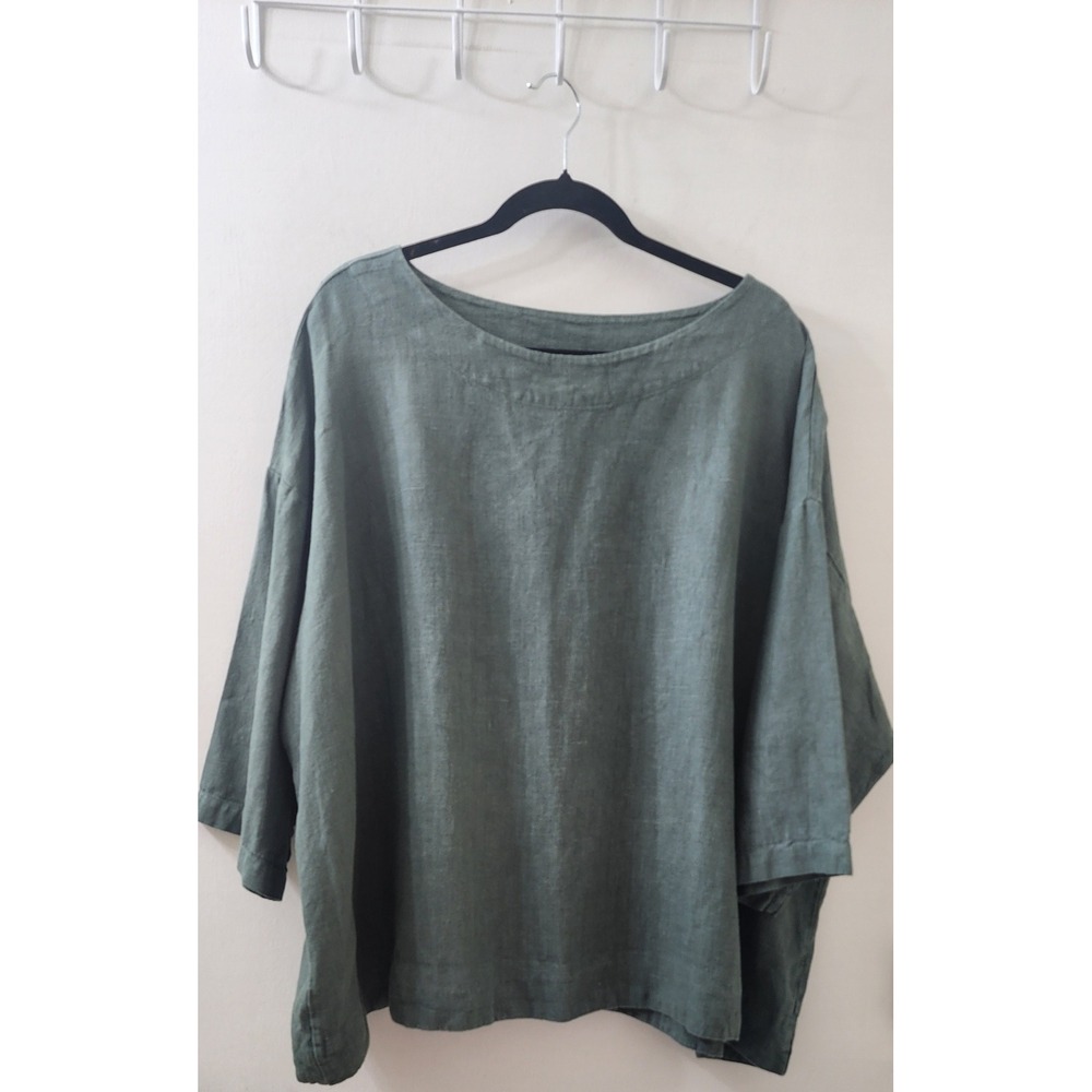 Linen Boxy Oversized Boat Neck Top 3/4 Sleeve Olive Green Made in USA RN 86136